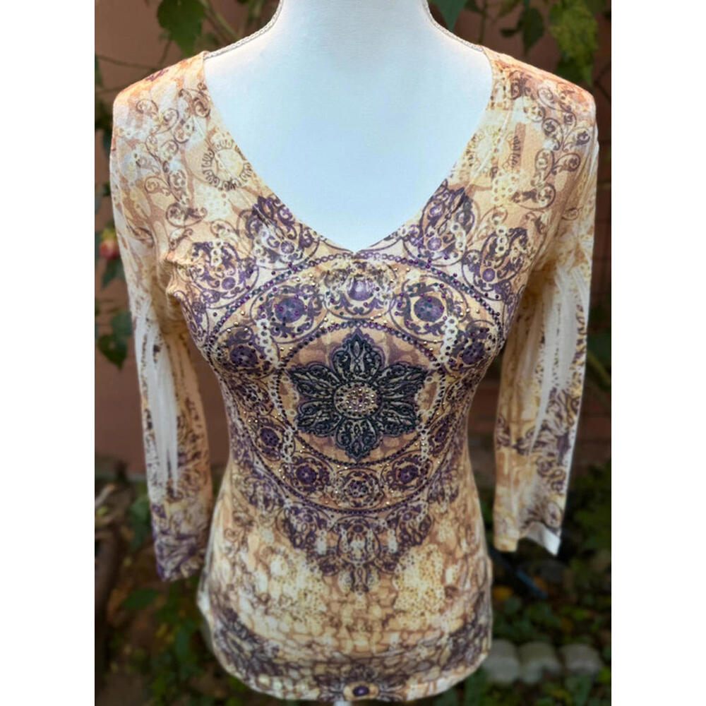 Kiara Mustard Yellow & Purple Bedazzled Design Boho Top Size S